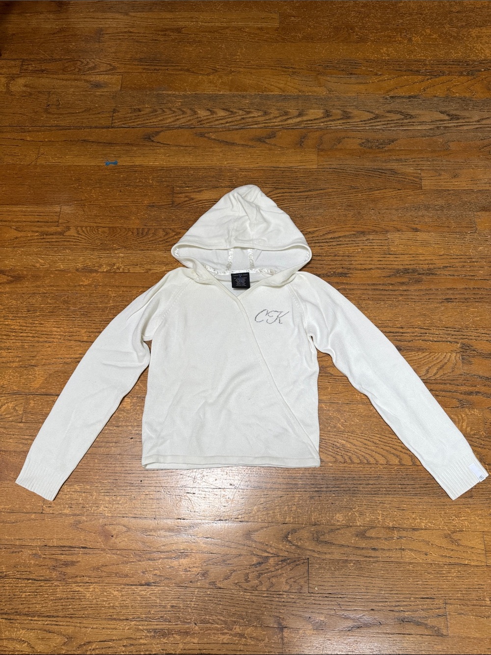 Girls Embellished Calvin Klein Cream Hooded Sweater. Size M
